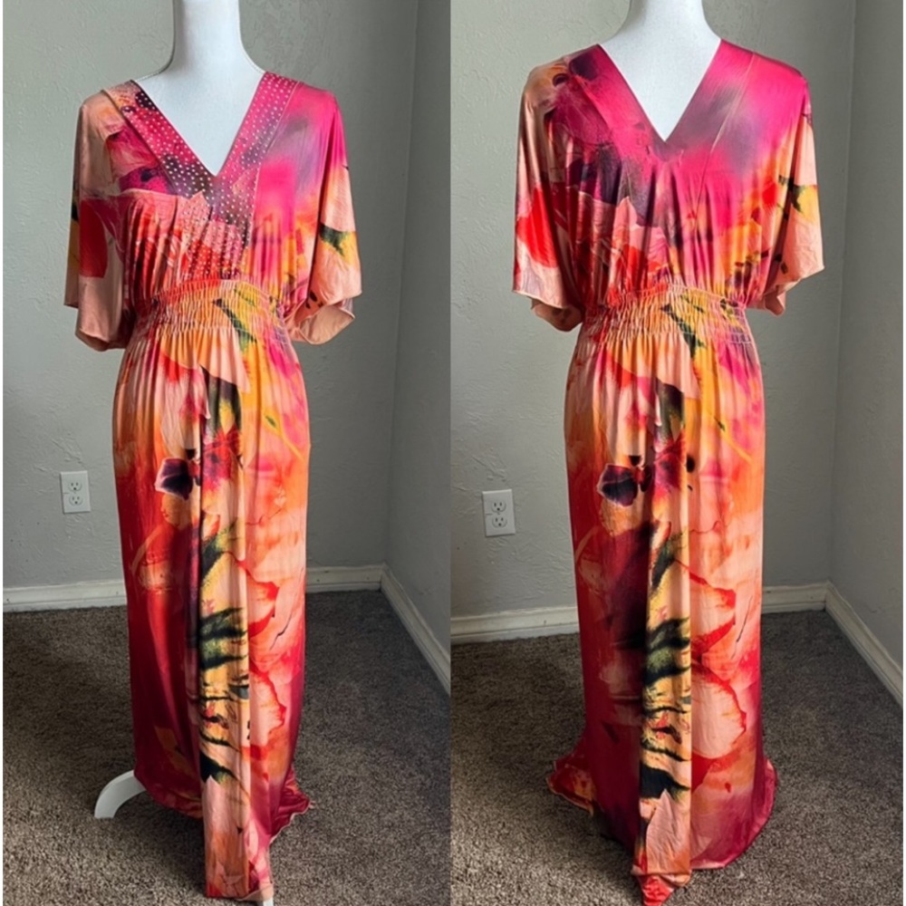 One World V Neck Floral Print Caftan Maxi Dress Plus Size 3XL Pink Red Orange